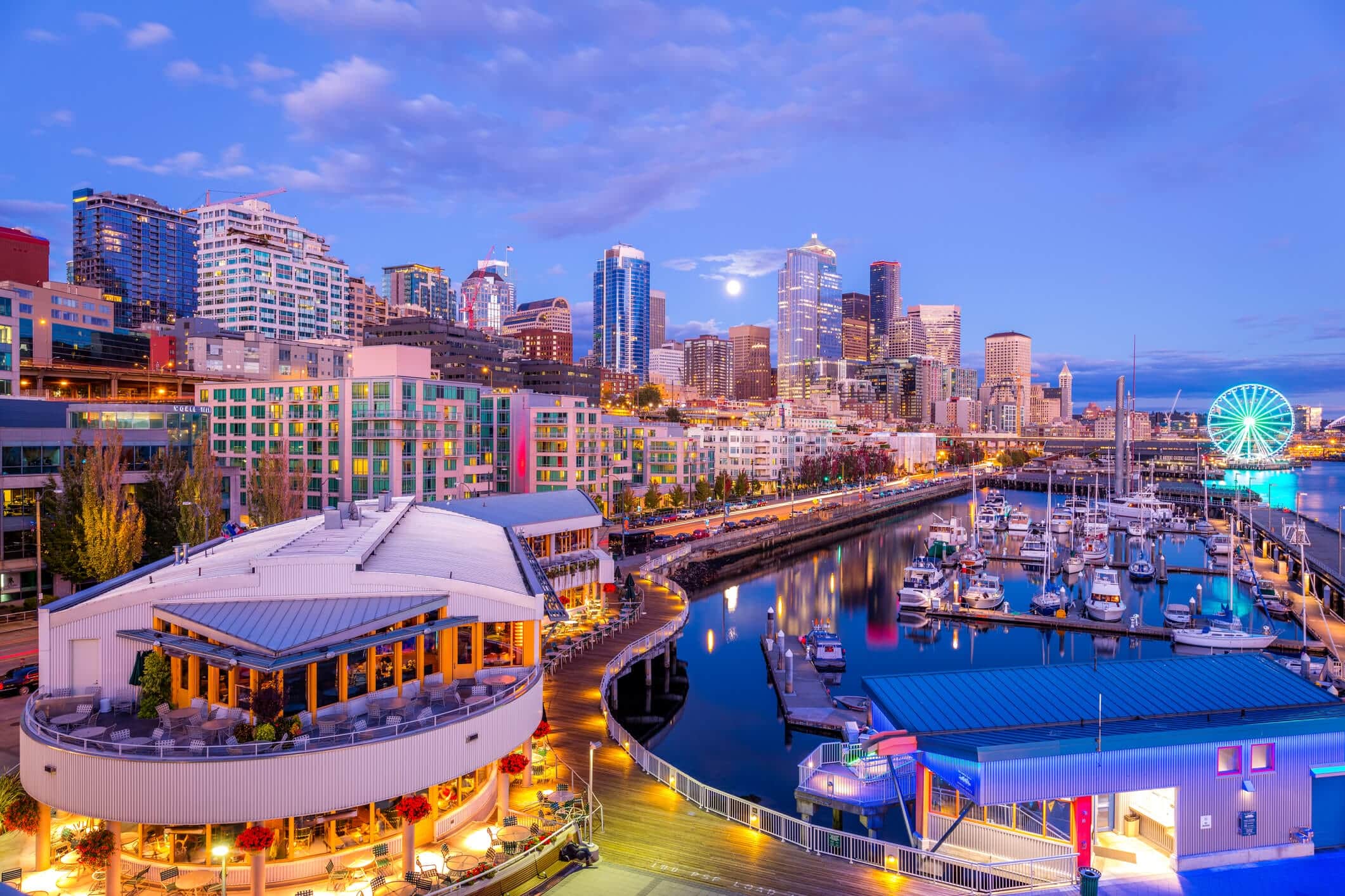 Seattle skyline at dusk, showcasing illuminated buildings against a twilight sky in Washington, USA.